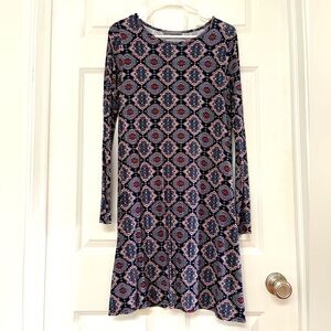 Loveappella Blue and White Long Sleeve A-line Dress